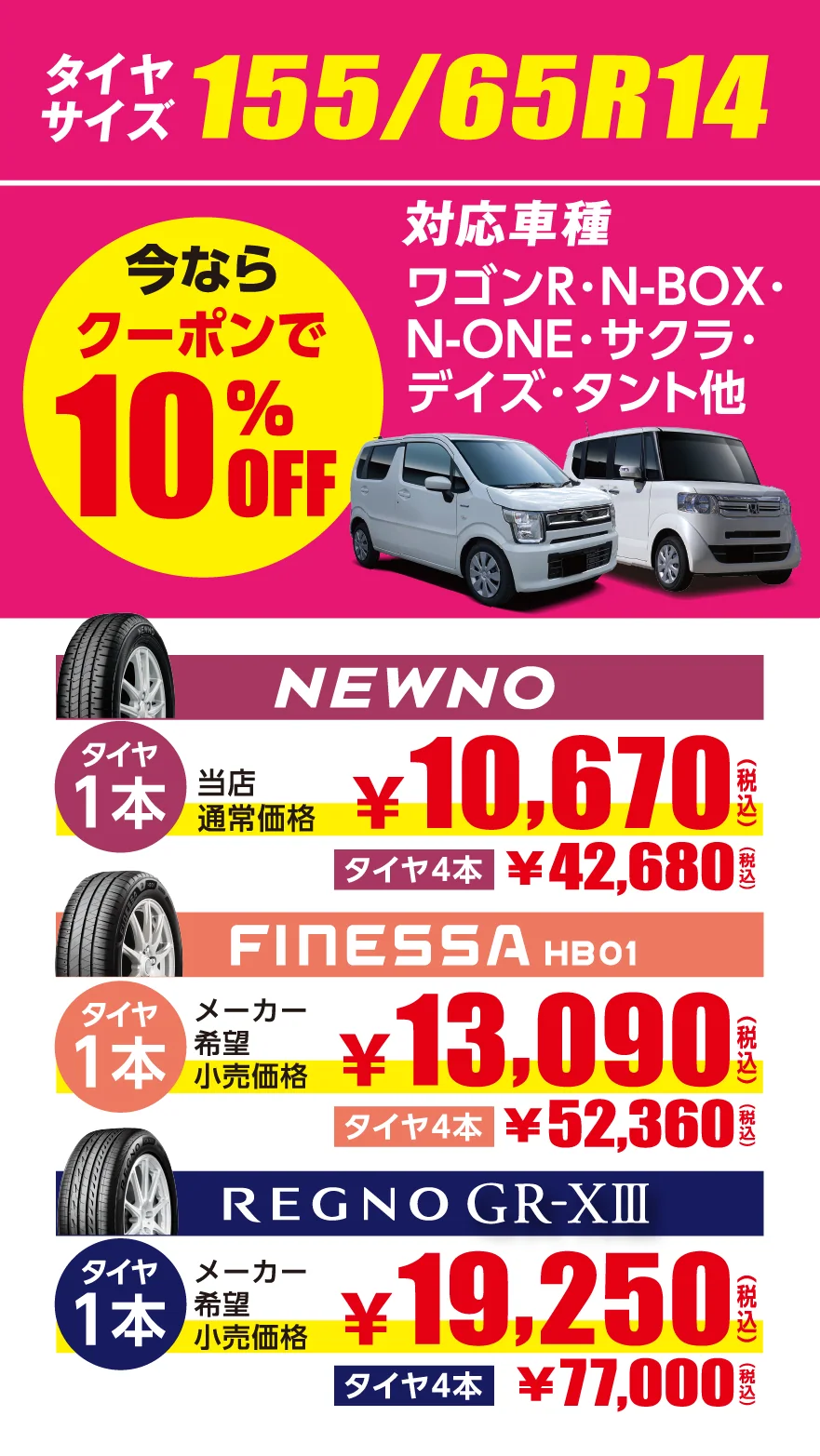 タイヤサイズ155/65R14　今ならクーポンで10％OFF　対応車種 ワゴンR･N-BOX･N-ONE･サクラ･デイズ･タント他　NEWNO　タイヤ1本 当店通常価格￥10,670(税込)タイヤ4本￥42,680(税込)　FINESSA HB01　タイヤ1本 メーカー希望小売価格￥13,090(税込)タイヤ4本￥52,360(税込)　REGNO GR-XⅢ　タイヤ1本 メーカー希望小売価格￥19,250(税込)タイヤ4本￥77,000(税込)