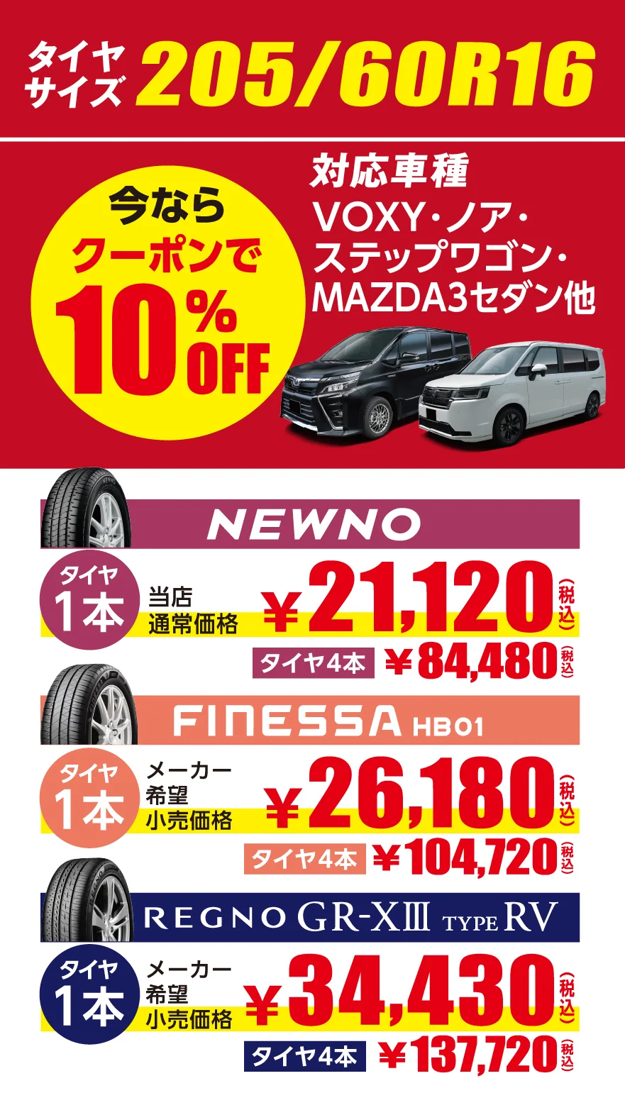 タイヤサイズ205/60R16　今ならクーポンで10％OFF　対応車種 VOXY･ノア･ステップワゴン･MAZDA3セダン他　NEWNO　タイヤ1本 当店通常価格￥21,120(税込)タイヤ4本￥84,480(税込)　FINESSA HB01　タイヤ1本 メーカー希望小売価格￥26,180(税込)タイヤ4本￥104,720(税込)　REGNO GR-XⅢ　タイヤ1本 メーカー希望小売価格￥34,430(税込)タイヤ4本￥137,720(税込)